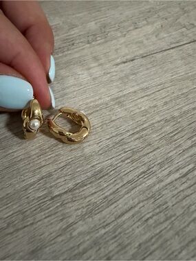 Gold Pearl Accent Huggie Hoop Earrings - Women Jewelry